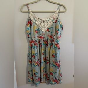 Light Blue Floral Crochet Lace Bodice Mini Dress | Size L